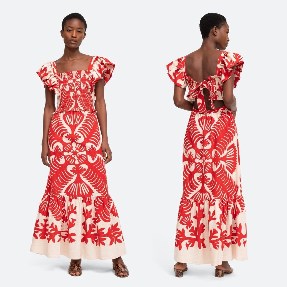 SEA‎ NY Maxi Dress Henrietta Ruby Red White Floral Smocked Bow Cutout Back Sz M - Picture 2 of 11